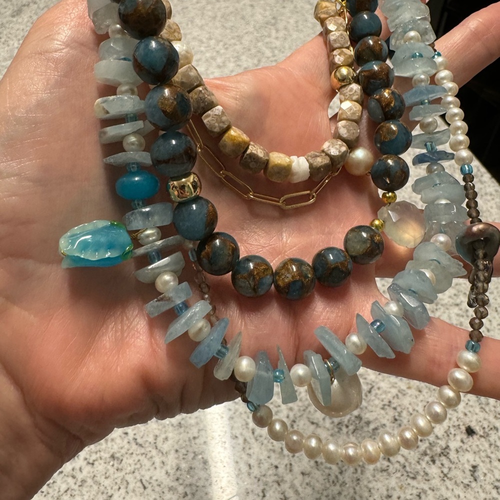 Blue and Brown Beaded Necklace with Irregular Disc-Shaped Beads